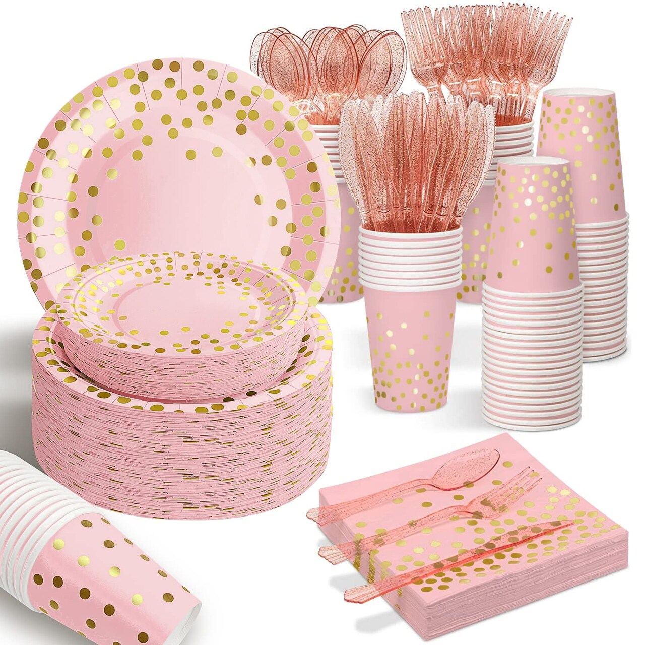 AIRE 175PCS Pink Rose Gold Plates Party Supplies Severs 25 Guests Disposable Party Decorations, Plastic Forks Knives Spoons, Golden Dot Paper Plates Napkins Cups for Baby Shower Birthday Wedding